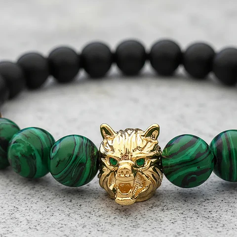 Pulsera Lobo Ónix Mate y Malaquita