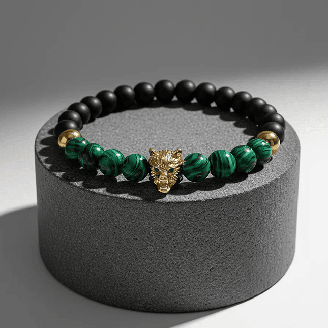Pulsera Lobo Ónix Mate y Malaquita 3