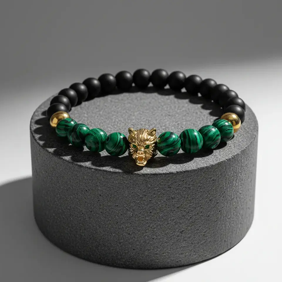 Pulsera Lobo Ónix Mate y Malaquita 3