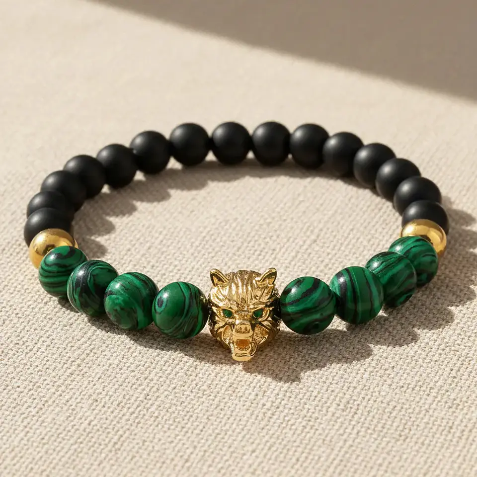 Pulsera Lobo Ónix Mate y Malaquita 4
