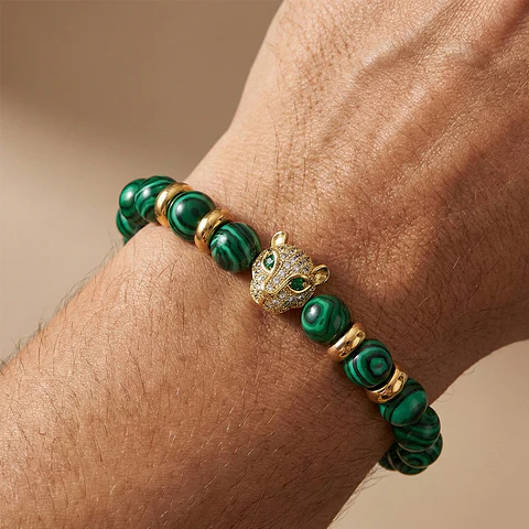 Pulsera Hombre Leopardo con Piedra Malaquita 8mm