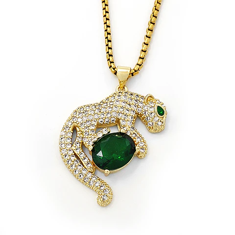 Cadena Collar Leopardo Acero Dorado Cristal Verde