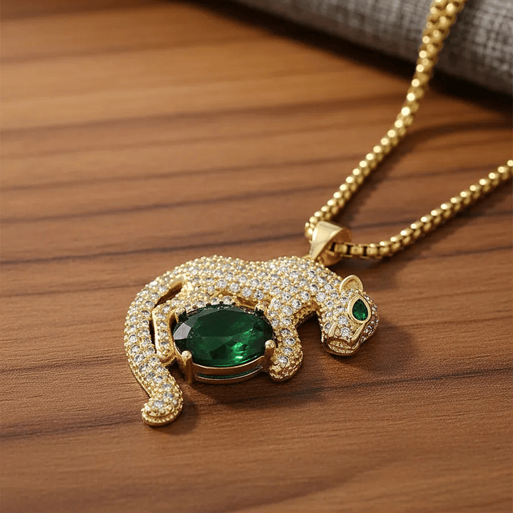 Cadena Collar Leopardo Acero Dorado Cristal Verde 4