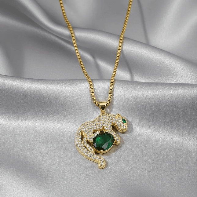 Cadena Collar Leopardo Acero Dorado Cristal Verde 5