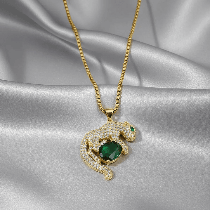 Cadena Collar Leopardo Acero Dorado Cristal Verde 5