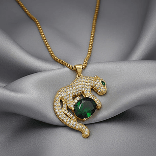 Cadena Collar Leopardo Acero Dorado Cristal Verde