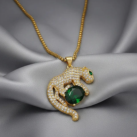 Cadena Collar Leopardo Acero Dorado Cristal Verde