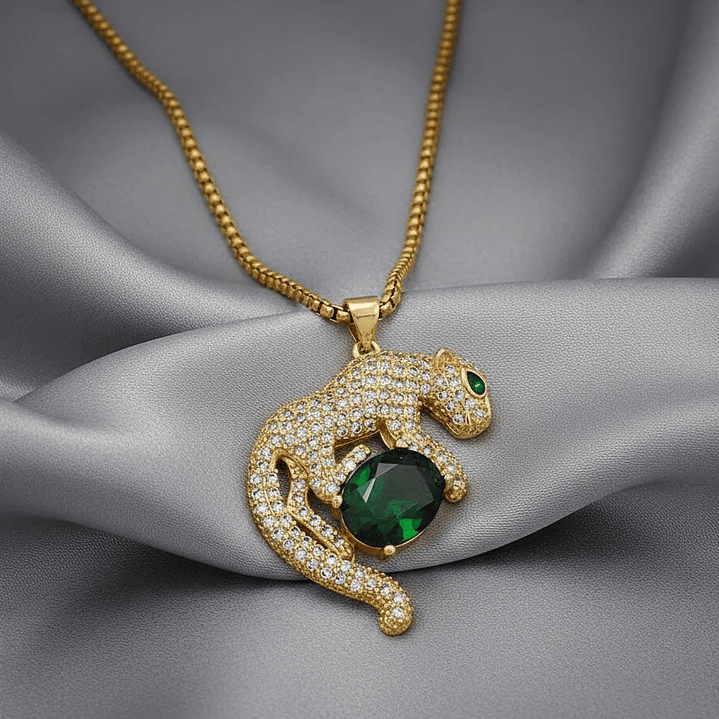 Cadena Collar Leopardo Acero Dorado Cristal Verde 2
