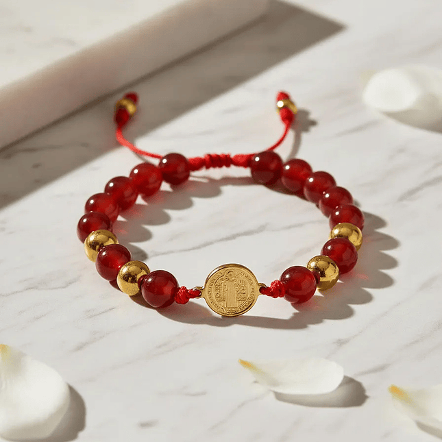 Pulsera con Medalla de San Benito Acero Cornalina 8mm 6