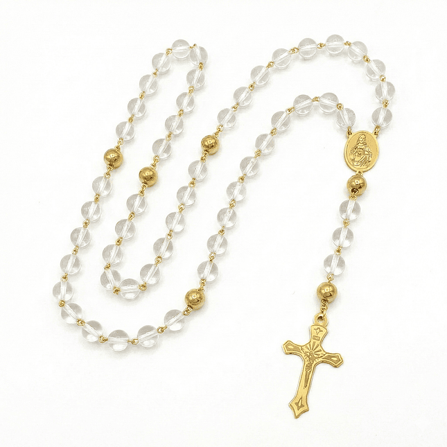 Rosario Camándula Cuarzo Cristal Acero Dorado 8mm 1