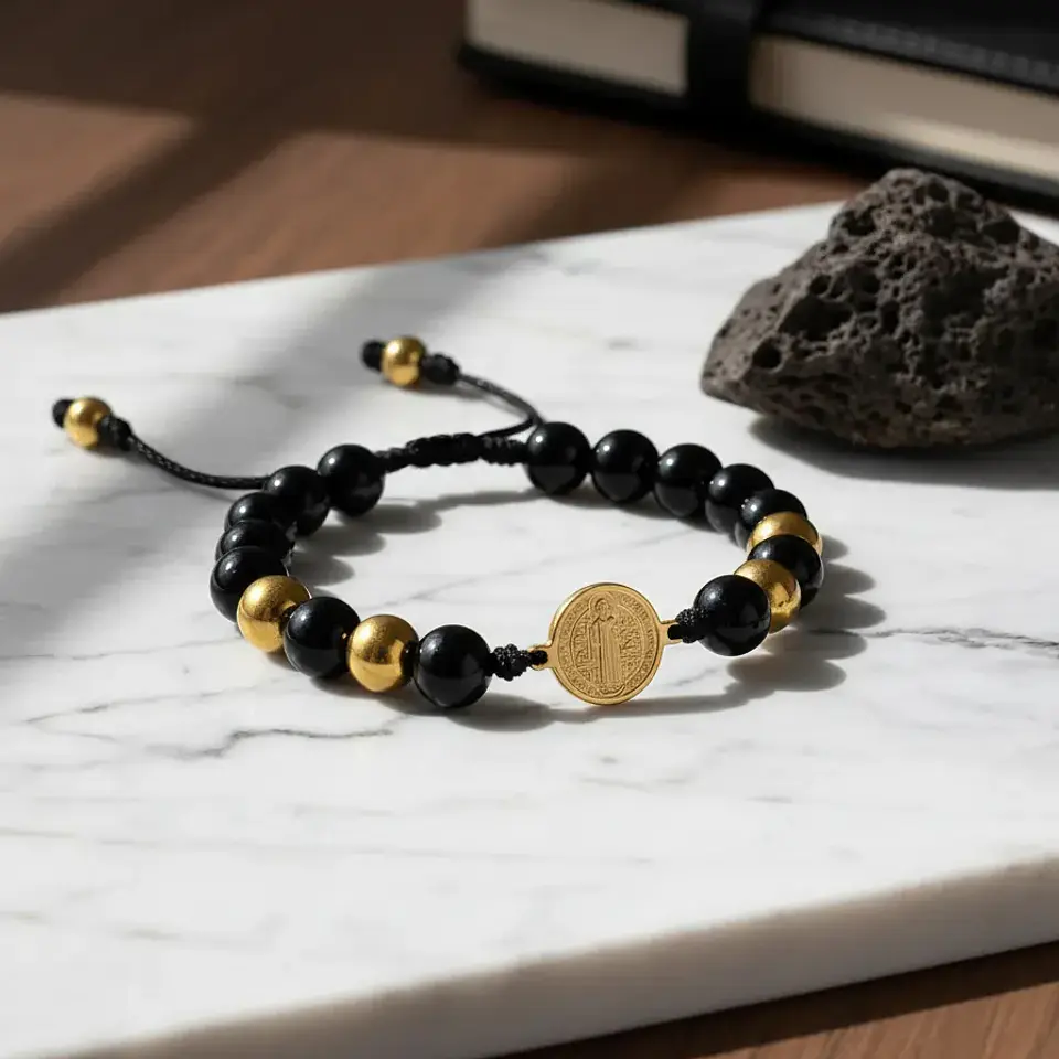 Pulsera San Benito Piedra Ónix Brillante Acero 6