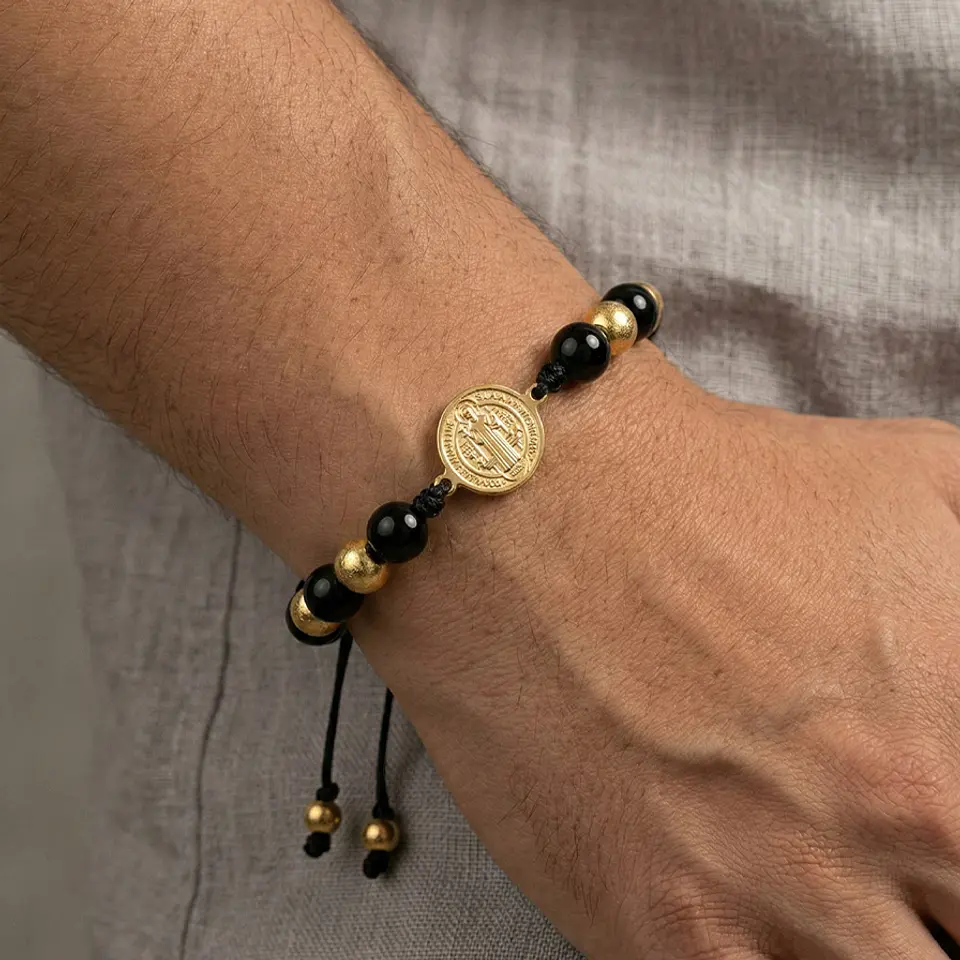 Pulsera San Benito Piedra Ónix Brillante Acero 2