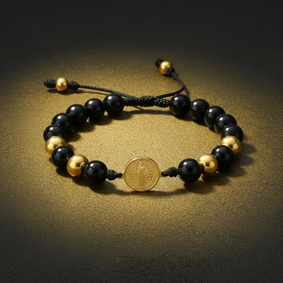 Pulsera San Benito Piedra Ónix Brillante Acero 5