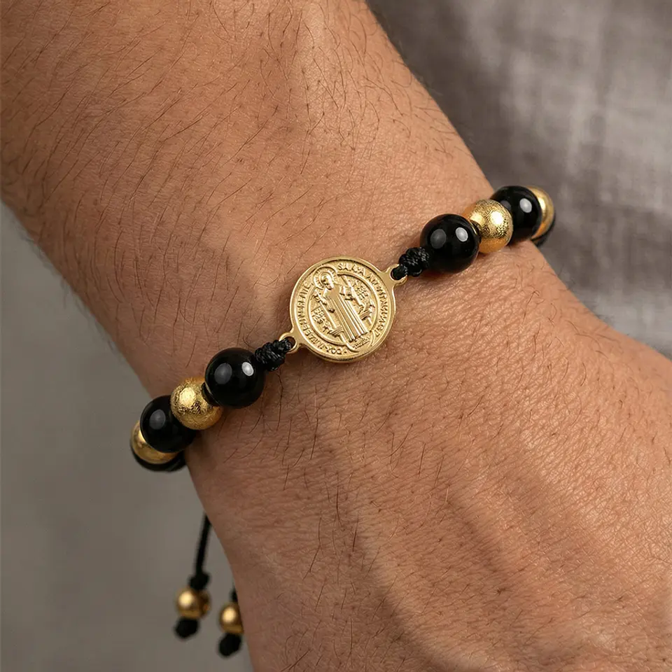 Pulsera San Benito Piedra Ónix Brillante Acero 4