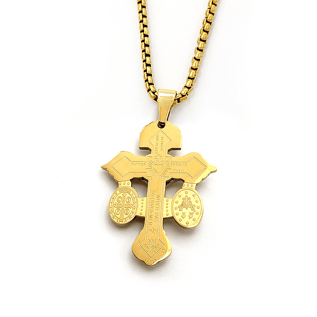 Cadena Cruz del Perdón con San Benito y Virgen Milagrosa Acero 8