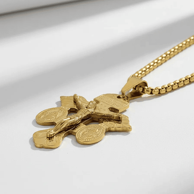 Cadena Cruz del Perdón con San Benito y Virgen Milagrosa Acero 5