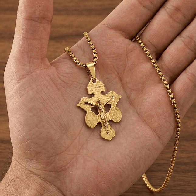 Cadena Cruz del Perdón con San Benito y Virgen Milagrosa Acero 6