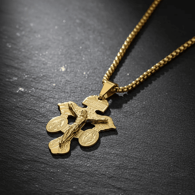 Cadena Cruz del Perdón con San Benito y Virgen Milagrosa Acero 3