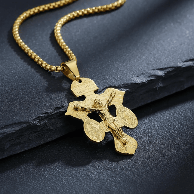 Cadena Cruz del Perdón con San Benito y Virgen Milagrosa Acero 2