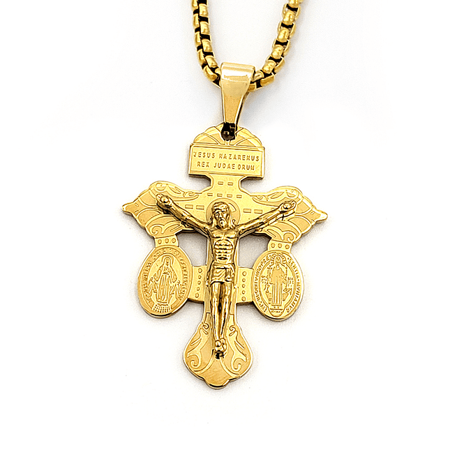 Cadena Cruz del Perdón con San Benito y Virgen Milagrosa Acero 1