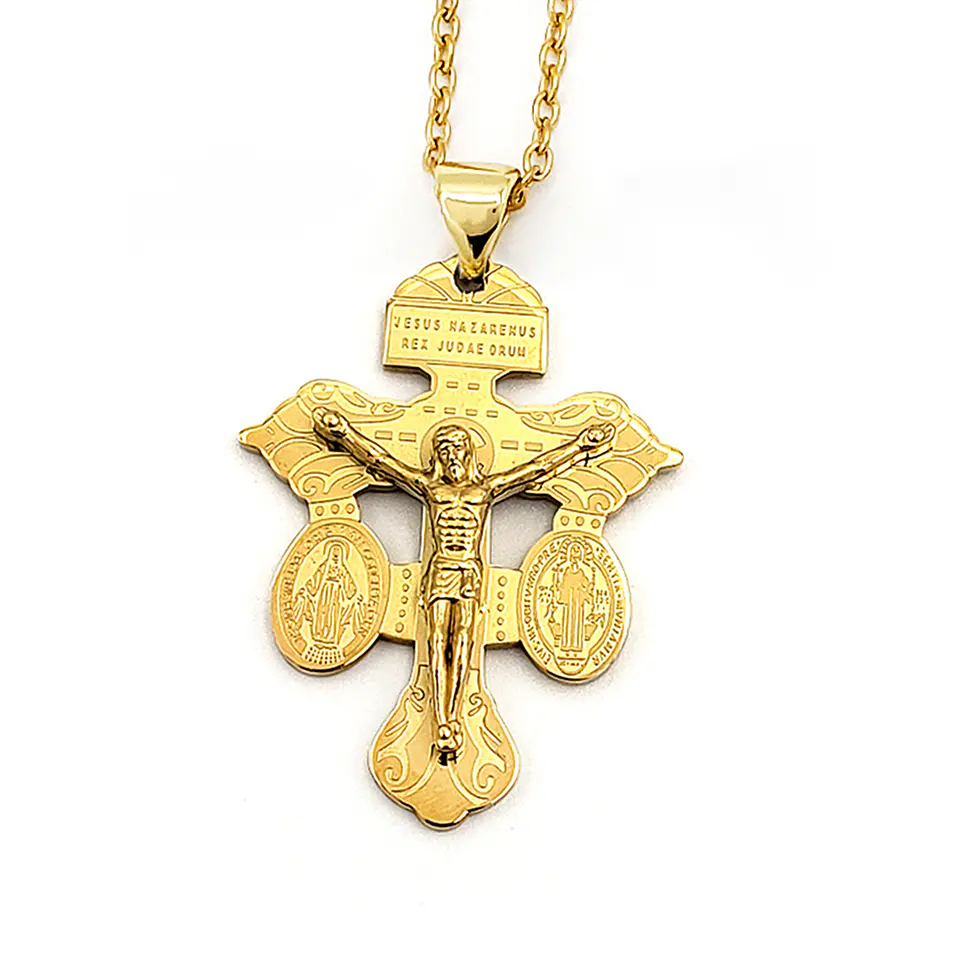 Cadena Cruz del Perdón con San Benito y Virgen Milagrosa Acero 1