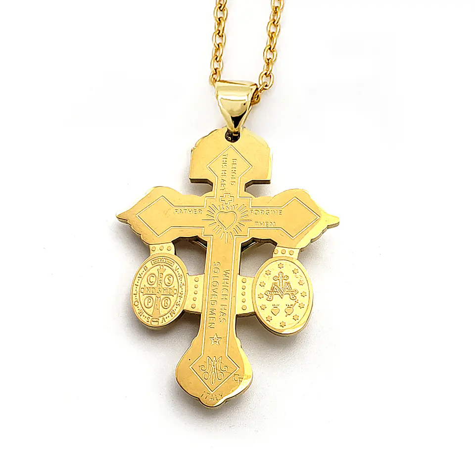 Cadena Cruz del Perdón con San Benito y Virgen Milagrosa Acero 4