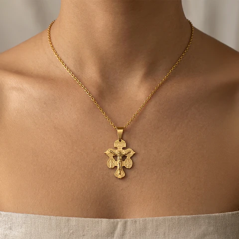 Cadena Cruz del Perdón con San Benito y Virgen Milagrosa Acero