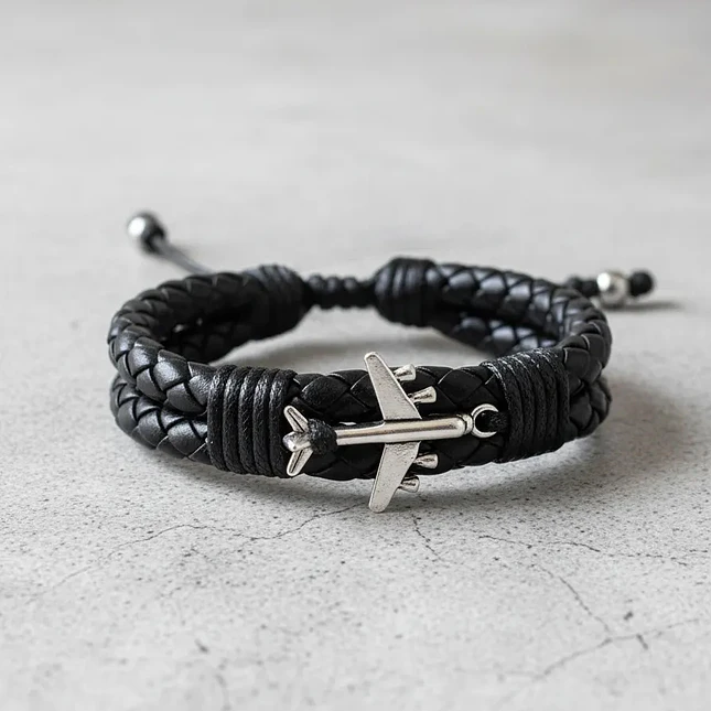 Pulsera Cuero Trenzado con Dije de Avión 3
