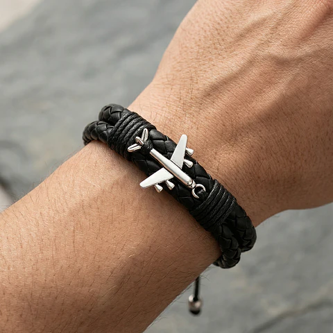 Pulsera Avión con Cuero Trenzado Doble