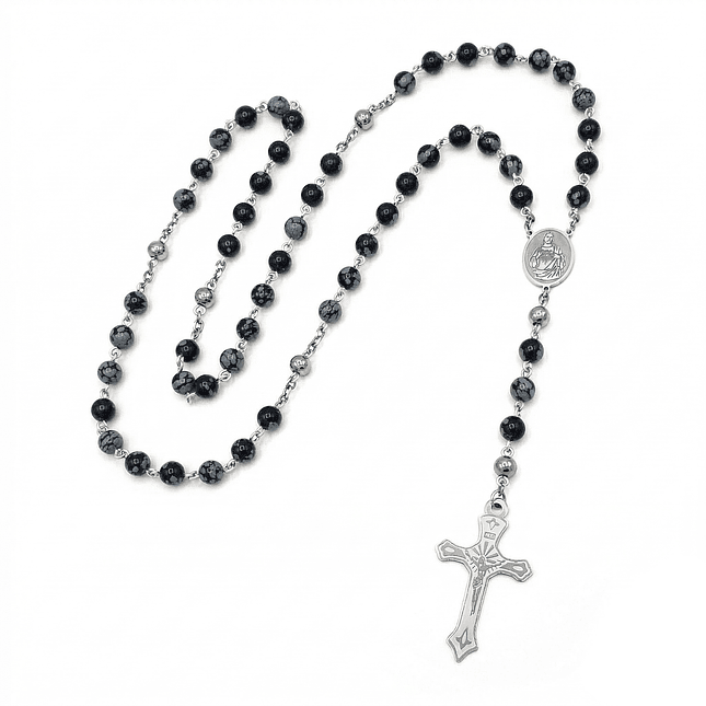 Rosario Camándula Obsidiana Nevada Acero Plateado 1
