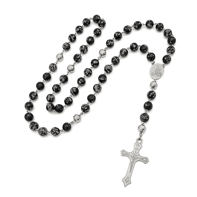 Rosario Camándula Obsidiana Nevada Acero Plateado 2