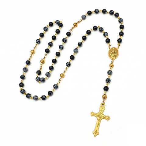Rosario Camándula Obsidiana Nevada Acero Dorado