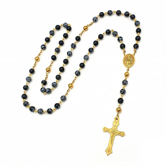 Rosario Camándula Obsidiana Nevada Acero Dorado 1