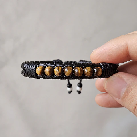 Pulsera Cuero Trenzado con Piedras Ojo de Tigre 6mm