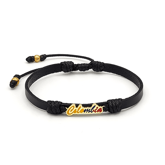 Pulsera Cuero Plano con Dije Colombia Tricolor Nacional 1