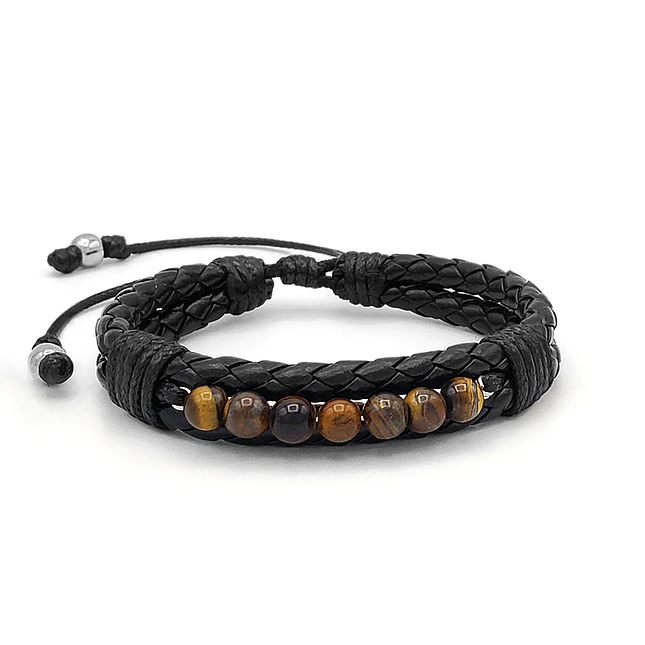 Pulsera Cuero Trenzado con Piedras Ojo de Tigre 6mm 1