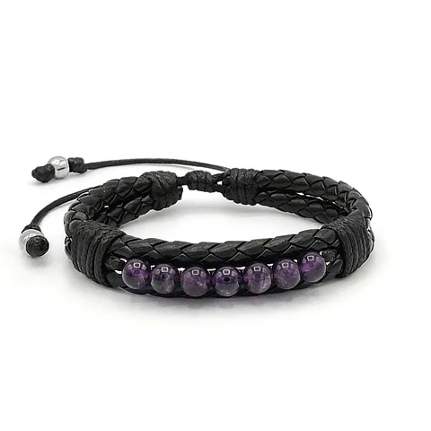 Pulsera Cuero Trenzado con Piedras Amatista 6mm