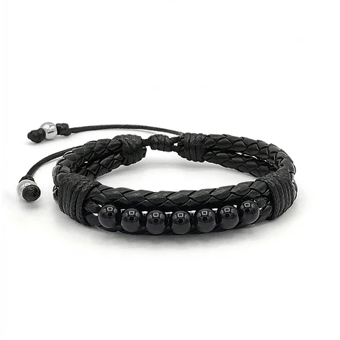 Pulsera Cuero Trenzado con Piedras Ónix 6mm