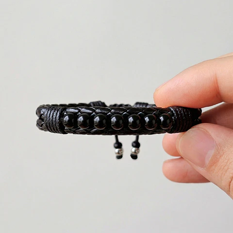 Pulsera Cuero Trenzado con Piedras Ónix 6mm