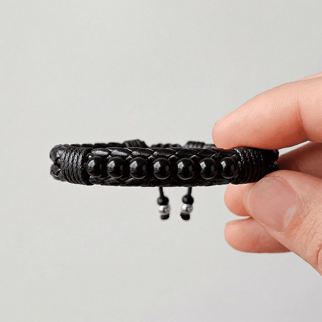 Pulsera Cuero Trenzado con Piedras Ónix 6mm 2
