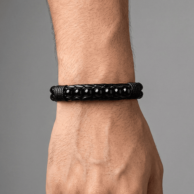 Pulsera Cuero Trenzado con Piedras Ónix 6mm 4