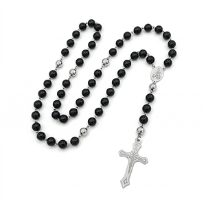 Rosario Camándula Turmalina Negra Acero Plateado