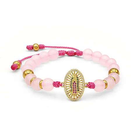 Pulsera Cuarzo Rosado con Virgen de Guadalupe