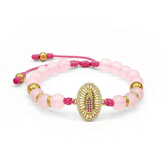 Pulsera Cuarzo Rosado con Virgen de Guadalupe 1