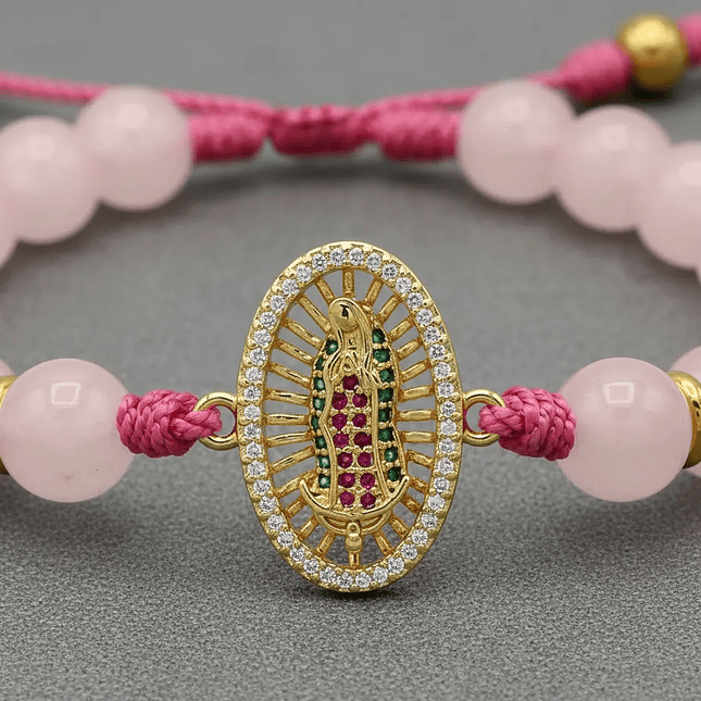 Pulsera Cuarzo Rosado con Virgen de Guadalupe 3