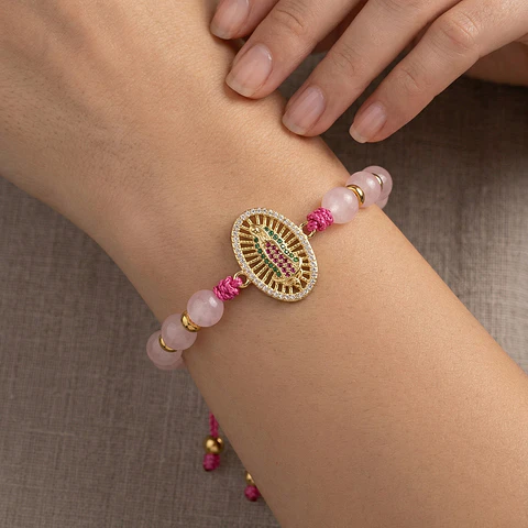 Pulsera Cuarzo Rosado con Virgen de Guadalupe
