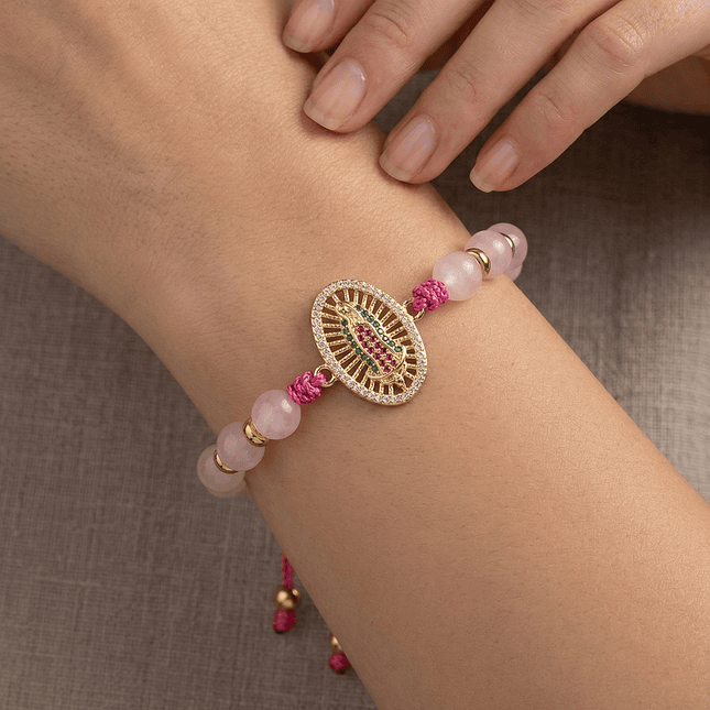 Pulsera Cuarzo Rosado con Virgen de Guadalupe 2