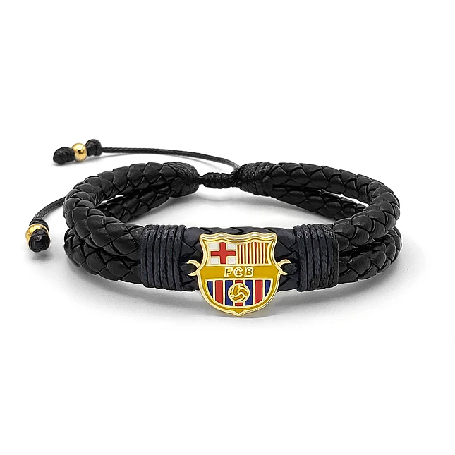 Pulsera Cuero Trenzado Escudo Barcelona Acero 1