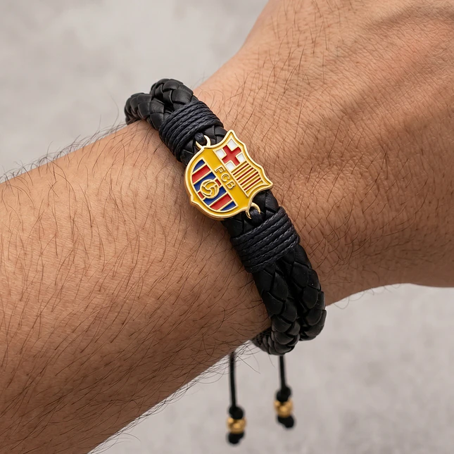 Pulsera Cuero Trenzado Escudo Barcelona Acero 2