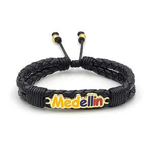Pulsera Cuero Trenzado Dije Medellín Acero